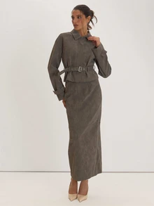 MUSEYN Grey PU Woven Detail Maxi Skirt Jacket Versatile Everyday Casual Fall - Olive Green - View 1