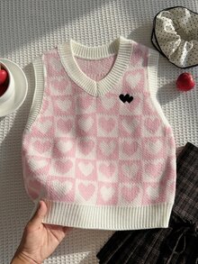 SHEIN (Tween Girl) 淺杏色 V 領刺繡針織背心毛衣，柔軟舒適，適合日常穿著、外出、旅行、度假、托兒所及兒童遊戲 - 粉色 - 查看 5