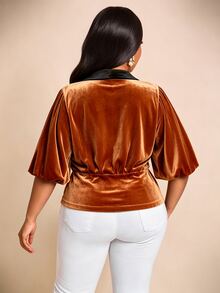 Brilight Velvet Contrast Lapel Short Sleeve Double Breasted Wrap Cropped Coat For Dinner Party Club Date Night Outfit Brown Striped Summer Elegant Mature - Gold - View 3