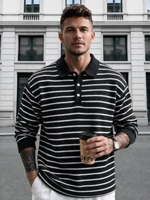 Manfinity CasualCool 男士條紋 Polo 衫，復古幾何提花休閒上衣 / 男士休閒通勤拼色長袖 Polo 衫 - 黑與白 - 查看 3