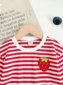 SHEIN 女嬰條紋草莓圖案休閒日常長袖運動衫 - 紅色 - 查看 8