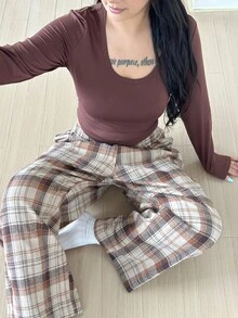 ZzzCrew Plus Size Brown Round Neck Long Sleeve Top & Cotton Blend Comfortable Plaid Pajama Pants Home Wear 2pcs Set - Brown - View 4