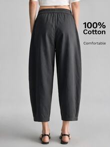 Ontre 2026 Autumn New Charcoal Gray Curved Waist Elastic Cropped Pants Women Urban Commute Elegant Vacation Beach Work Everyday Music Festival Clothing - Dark Grey - View 3