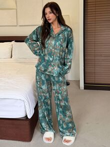 DAZY Women's All-Over Print Long Sleeve Top And Pants Casual Daily Home Sleepwear Set - Green - View 9