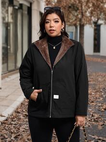 Chikora Plus Size Hooded Thermal Lined Denim Zipper Long Sleeve Jacket - Black - View 5