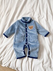 SHEIN 1件裝秋冬雙面法蘭絨新生兒連身衣居家服，可愛熊貼布對比色滾邊設計，下擺口袋裝飾，藍色柔軟舒適長袖無腳連身褲冬季套裝 - 霧霾藍 - 查看 8