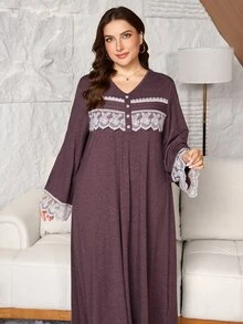 Lacomfia Knitted Dark Red Dress Casual Daily Versatile Loose Long Sleeve Patchwork Lace Trim Button Design Comfortable Home Wear Plus Size Dress - Red - View 1
