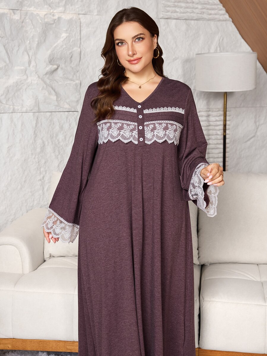 Lacomfia Knitted Dark Red Dress Casual Daily Versatile Loose Long Sleeve Patchwork Lace Trim Button Design Comfortable Home Wear Plus Size Dress - Red - View 1