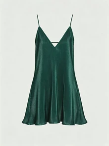 SHEIN PariChic 純色荷葉邊下擺緞面細肩帶洋裝 - 橄欖綠 - 查看 4