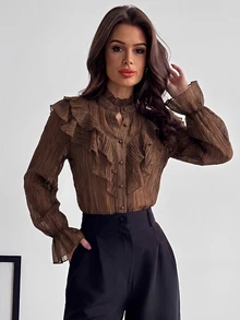 Firerie Autumn Women Elegant Sophisticated Romantic Palace Vintage Stand Collar Ruffle Jacquard Textured Button Bell Sleeve Apricot Blouse Going Out Tops - Brown - View 3