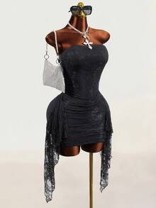 Mistrie Women's Lace Ribbon Sexy Slim Fit Bodycon Short Dress - Black - View 3