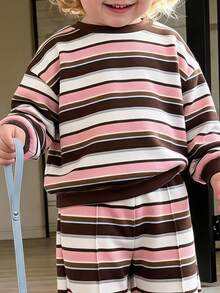 復古梅納色塊運動條紋圖案 女嬰休閒柔軟加厚長袖圓領套頭衛衣與寬腿褲套裝，適合秋冬，街頭風，Y2K - 彩色 - 查看 4