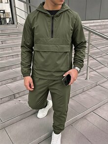 兒童青少年男孩半拉鍊連帽外套與慢跑長褲兩件套，休閒運動風，適合秋冬穿著 - 軍綠色 - 查看 2