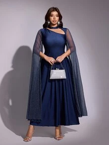 Viva Relle Plus Size Women's Halter Neck Sequin Sleeve Waist-Cinching Slimming Dress For Party, Autumn/Winter - Royal Blue - View 4