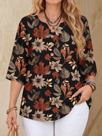 EMERY ROSE Women's Casual Minimalist Romantic Vintage Elegant Dry Branch & Fallen Leaf Print Blouse, Women's Autumn Clothing, Autumn Outfit, Women's Commute Outfit, Basic Top, Going Out Outfit, Airport Outfit