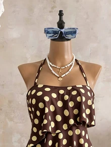 SHEIN Swim 春夏女款2件式海灘裝套裝，時尚可愛性感度假海邊泳池派對款，隨機印花波點多色荷葉邊可拆式細肩帶背心上衣與高腰比基尼泳褲 - 彩色 - 查看 6
