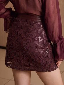 MOTF PREMIUM AUTUMN/WINTER PU FAUX LEATHER EMBROIDERED SHORT SKIRT - Coffee Brown - View 4