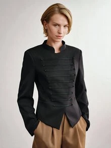 Briarwyn Fall Winter Women's Black Stand Collar Button Up Slim Fit Short Blazer With Irregular Hem, Vintage Military Style Chic Festival Outerwear Fall Clothes - Black - View 8