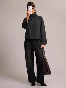 SHEIN BAE 女款街頭時尚高領鈕扣長袖夾克 - 深灰色 - 查看 5
