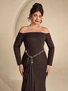 Coutiva Plus Size Elegant Luxury Rhinestone Pleated Off-Shoulder Evening Gown Dress - Coffee Brown - View 11