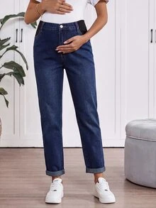 SHEIN 孕婦時尚百搭鈕扣口袋牛仔褲 女款西部牛仔風穿搭 - 藍色 - 查看 3