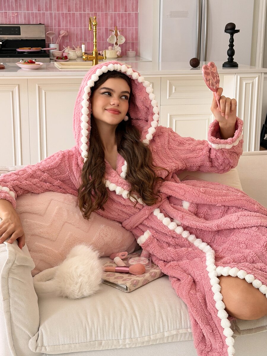 SweetSlumber رداء طويل مريح من الفرو الناعم مع بطانية رأس للنساء - وردي - مشاهدة 1