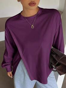 Dazy Plus Small Round Neck Solid Color Casual Versatile Side Slit Design Long Sleeve White Spring Summer Autumn T-Shirt - Purple - View 4