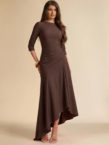 SHEIN BAE Fall Winter Chocolate Brown Ruched Asymmetric Hem Bodycon Elegant Midi Dress Thanksgiving Day Of The Dead Brunch Party Going Out - Brown - View 4