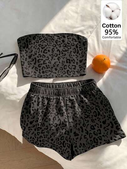 SHEIN EZwear 95% Cotton Leopard Print Two Pieces Set Women's Clothing, Suitable For Vacation, Graduation Season, Summer Tops, Daily Commute, Date, Party, Autumn Winter Summer, Christmas, New Year, Thanksgiving, Party, Wedding, Beach, Graduation Ceremony, Fashion, Elegant, Casual, Date, Pre-Order, Commute, Shiny, Valentine's Day, Elegant, Vacation, Casual