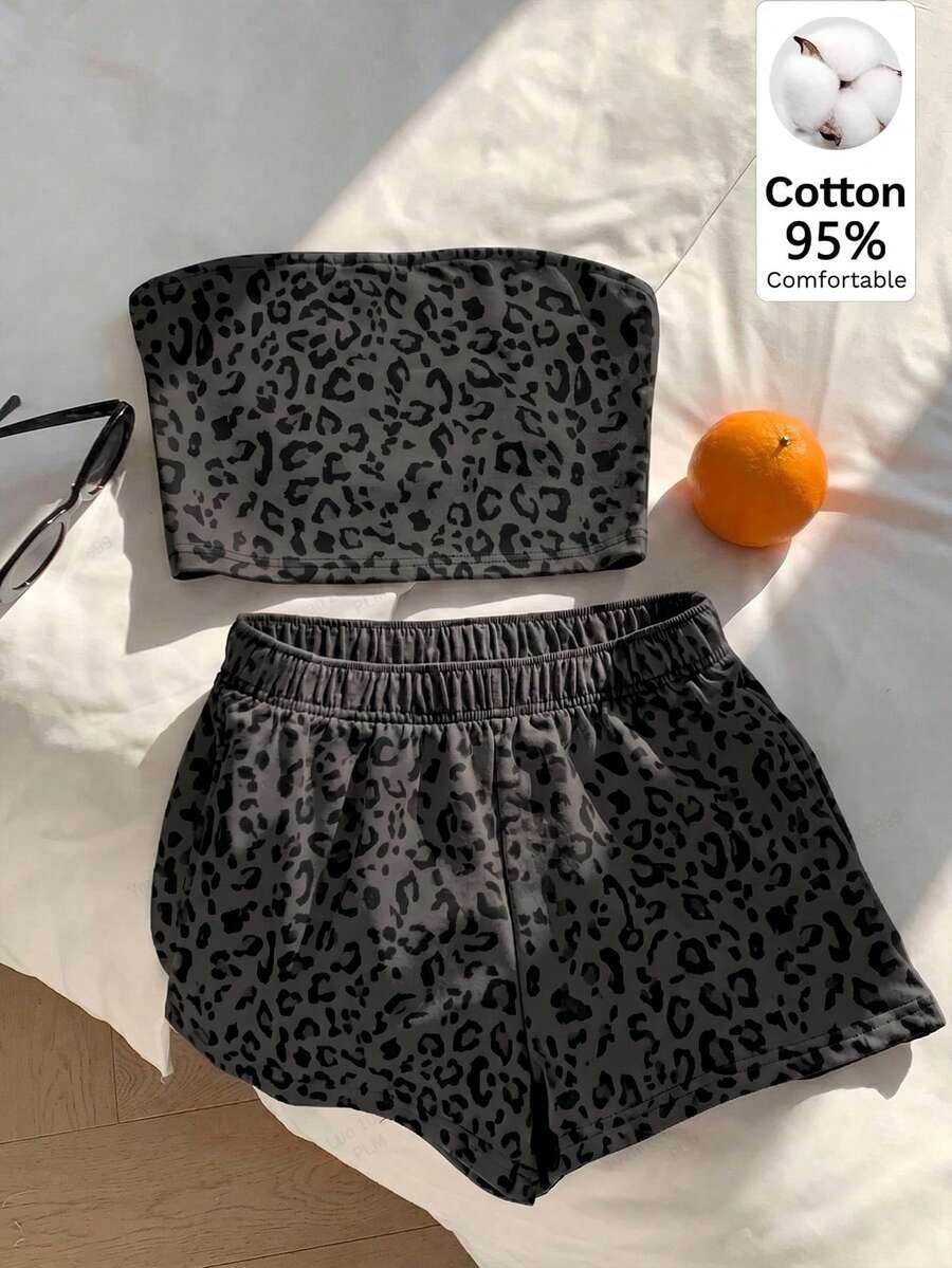 SHEIN EZwear 95%棉豹紋女款兩件套服裝,適合度假、畢業季、夏季上衣、日常通勤、約會、派對、秋冬夏季、聖誕節、新年、感恩節、派對、婚禮、海灘、畢業典禮、時尚、優雅、休閒、約會、預購、通勤、閃亮、情人節、優雅、度假、休閒 - 彩色 - 查看 1