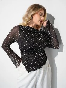 Maija تي شيرت مقاس كبير بطبعة نقاط بولكا فرنسية مثيرة بحافة غير متماثلة - الأسود - مشاهدة 7