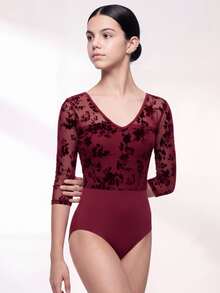 SHEIN Bộ đồ liền thân thể thao cho thiếu nữ, tay lỡ 3/4, lưới in hoa đỏ nhung - Màu Đỏ Sâu - Xem 2