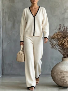 SHEIN Casual Loose V-Neck Long Sleeve Knit Contrast Trim Top + Loose Straight Leg Pants ,Women Fall/Winter Sets,New Year, Christmas, Halloween,Party,Social - Beige - View 5