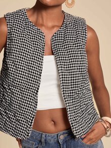 Travachic Women's Plaid Open Front Casual Vest Jacket - Black and White - View 1