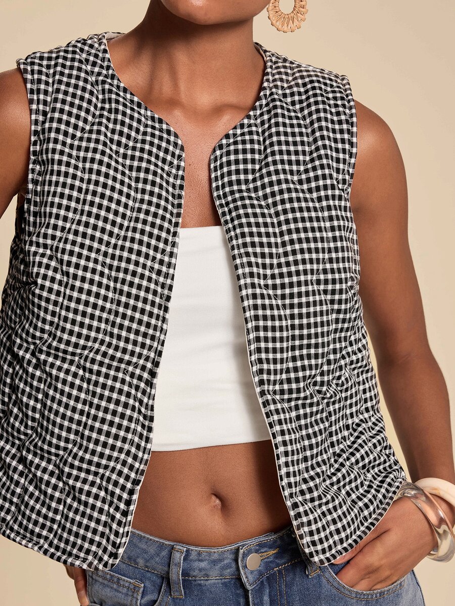 Travachic Women's Plaid Open Front Casual Vest Jacket - Black and White - View 1