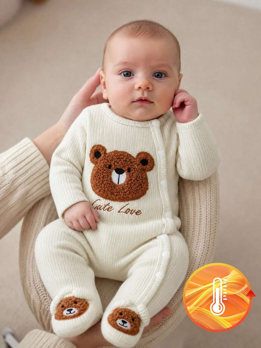 SHEIN 1pc Newborn Baby Footed Romper Cute Sweet Beige Cream Bear Applique Ribbed Long Sleeve Round Neck Regular Birthday Fall Winter Embroidery - Khaki - View 1