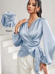 Modelyn 女款優雅百褶前綁帶長袖襯衫 - 藍色 - 查看 6