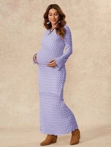 Boho Mama 孕婦純色紋理圓領長袖修身優雅洋裝 - 淡紫色 - 查看 6