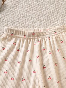 SHEIN 3pcs Newborn Baby Girls Top + Pants Set Sweet Cream Red Cherry Print Bow Ruffle Long Sleeve Ruffle Neck Regular Party Fall Holiday Ribbed - Beige - View 6