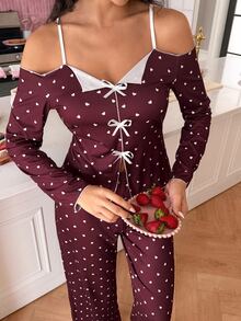 SweetSlumber Women's Heart Print Knit Fabric Long Sleeve Pants Pajama Set - Red and White - View 3