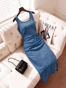 SHEIN MOD Women's Square Neck Pleated Fitted Sleeveless Casual Denim Dress - Blue - View 1