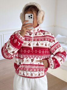 SHEINBlues Sweatshirt Fleece Wanita Terbaru 2026 - Edisi Natal dengan Kantong, Merah - Merah - View 5