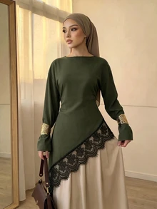 Celisse Blus Wanita Model Longgar Awal Musim Gugur Terbaru dengan Hem Asimetris dan Hiasan Renda Lengan Panjang - Hijau - View 7