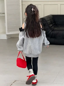 Dazy Kids Tween Girl Cold Shoulder Long Sleeve Loose Casual Sweatshirt - Dark Grey - View 2