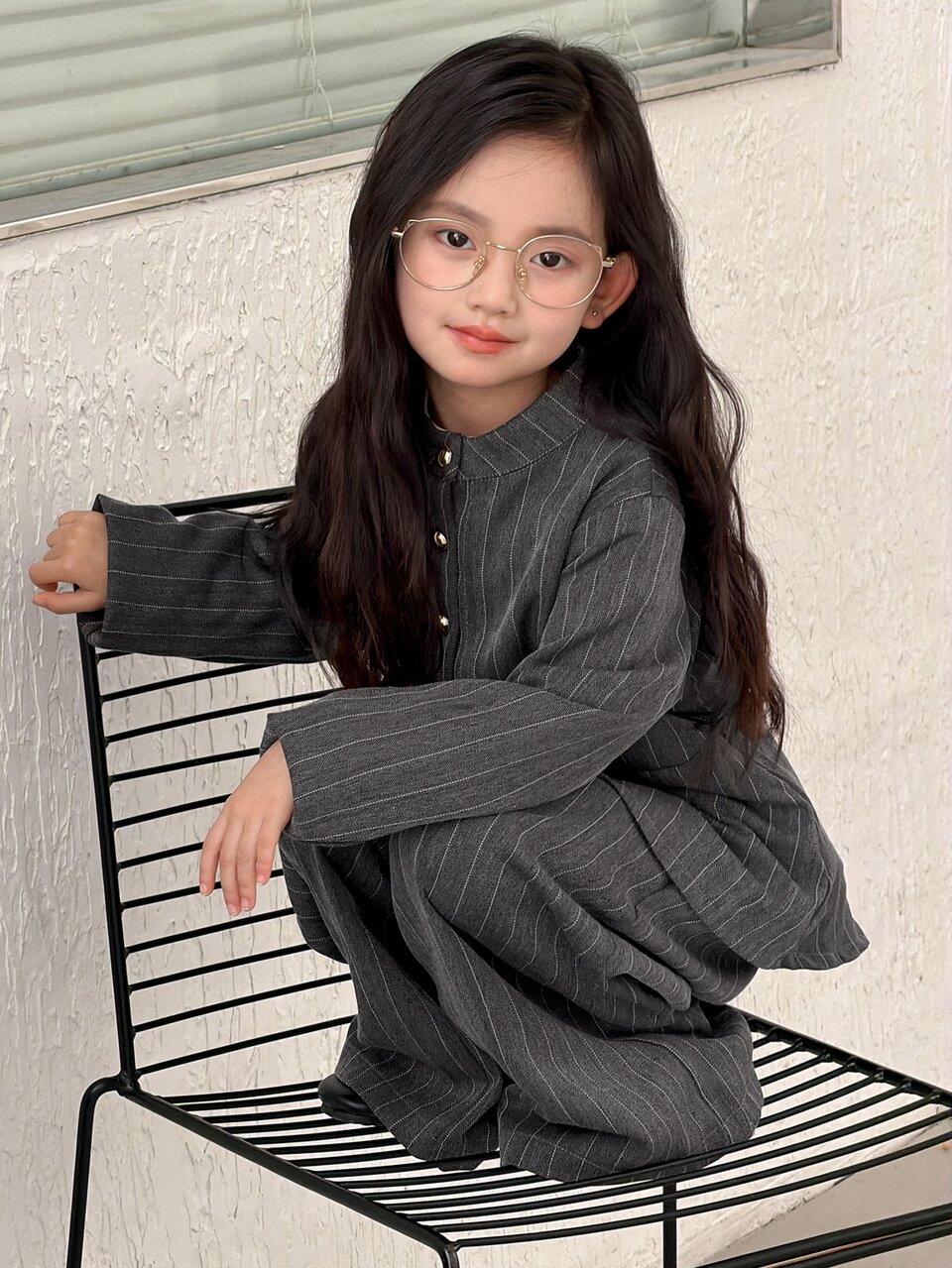 Girls (Big) Stand Collar Waist Cinched Long Sleeve Autumn/Winter Jacket + Straight Leg Pants Two Pieces Striped Set