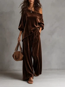 LUMIGAL Velvet Asymmetrical Shoulder Long Sleeve Women Casual Shirt + Velvet Elastic Waist Wide Leg Pants Two Pieces Set - Coffee Brown - View 3