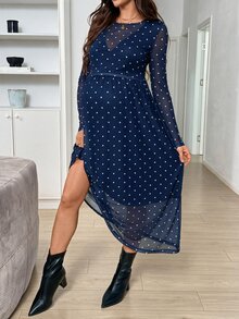 SHEIN Polka Dot Print Round Neck Long Sleeve Elegant Maternity Nursing Dress Fall - Blue and White - View 4