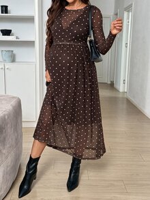 SHEIN 孕婦 1件波點印花哺乳洋裝 秋季 - 棕色 - 查看 5