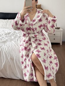 Napfluff CURVE Napfluff CURVE Plus Size Women Cute Plush Bow Print Hooded Robe Autumn Winter - Multicolor - View 5