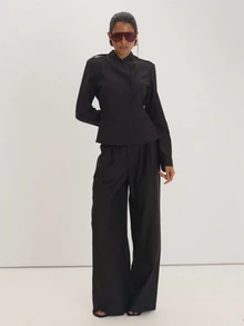 MUSEYN Black Woven Epaulette Detail Wide Leg Trousers Versatile Everyday Casual Fall - Black - View 1